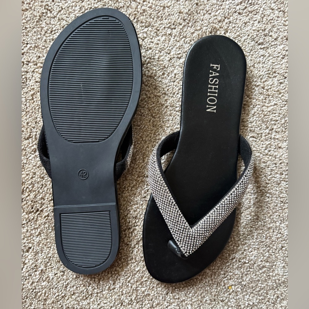 Black Flip-Flops with Silver Crystal Embellishments - Picture 2 of 5